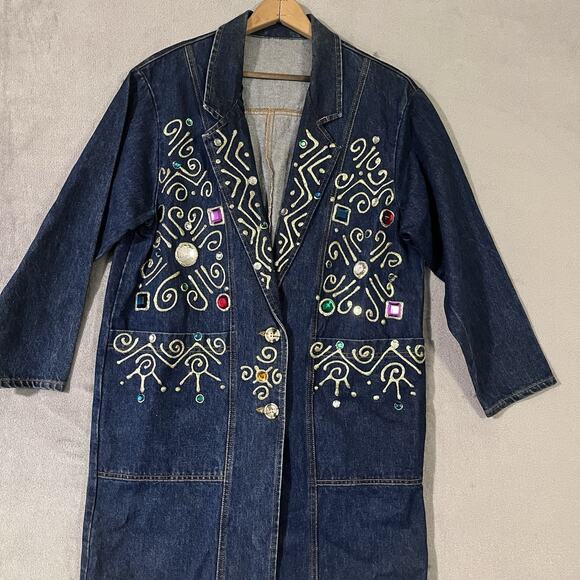 Vtg Embellished Denim Long Duster Jacket Gaudy Bejeweled Coat Women M* Heavy - Picture 4 of 12